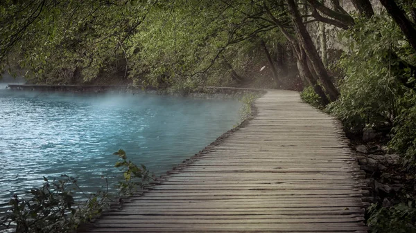 Empty and Lonely Path next to foggy and misty Water within the Plitvice Lakes National Park in Croatia at dawn
