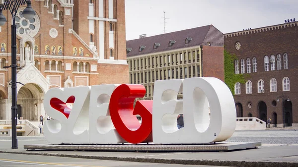 The Szeged Sign at the Cathedral Square at the Votive Church and Cathedral of Our Lady of Hungary, Dom in Szeged — Stock Photo, Image