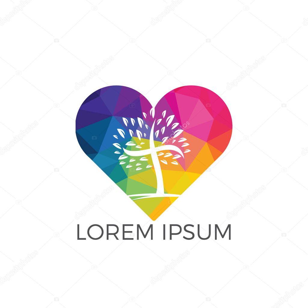 Abstract heart and tree religious cross symbol icon vector design. Church and Christian organization logo.