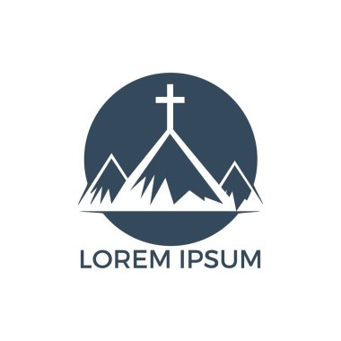 Dağ logosu dizaynında Baptist haçı. Dağın tepesinden geç..