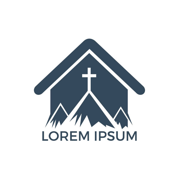 Baptist cross in mountain logo design. Cross on top of the mountain and home shape logo.
