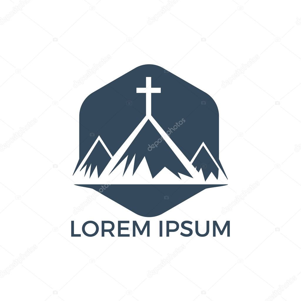 Baptist cross in mountain logo design. Cross on top of the mountain.