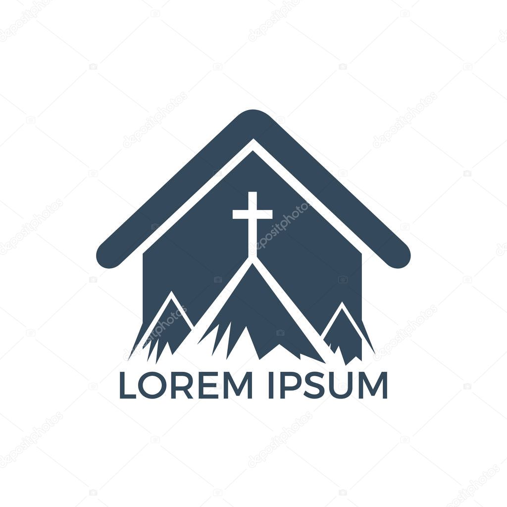 Baptist cross in mountain logo design. Cross on top of the mountain and home shape logo.