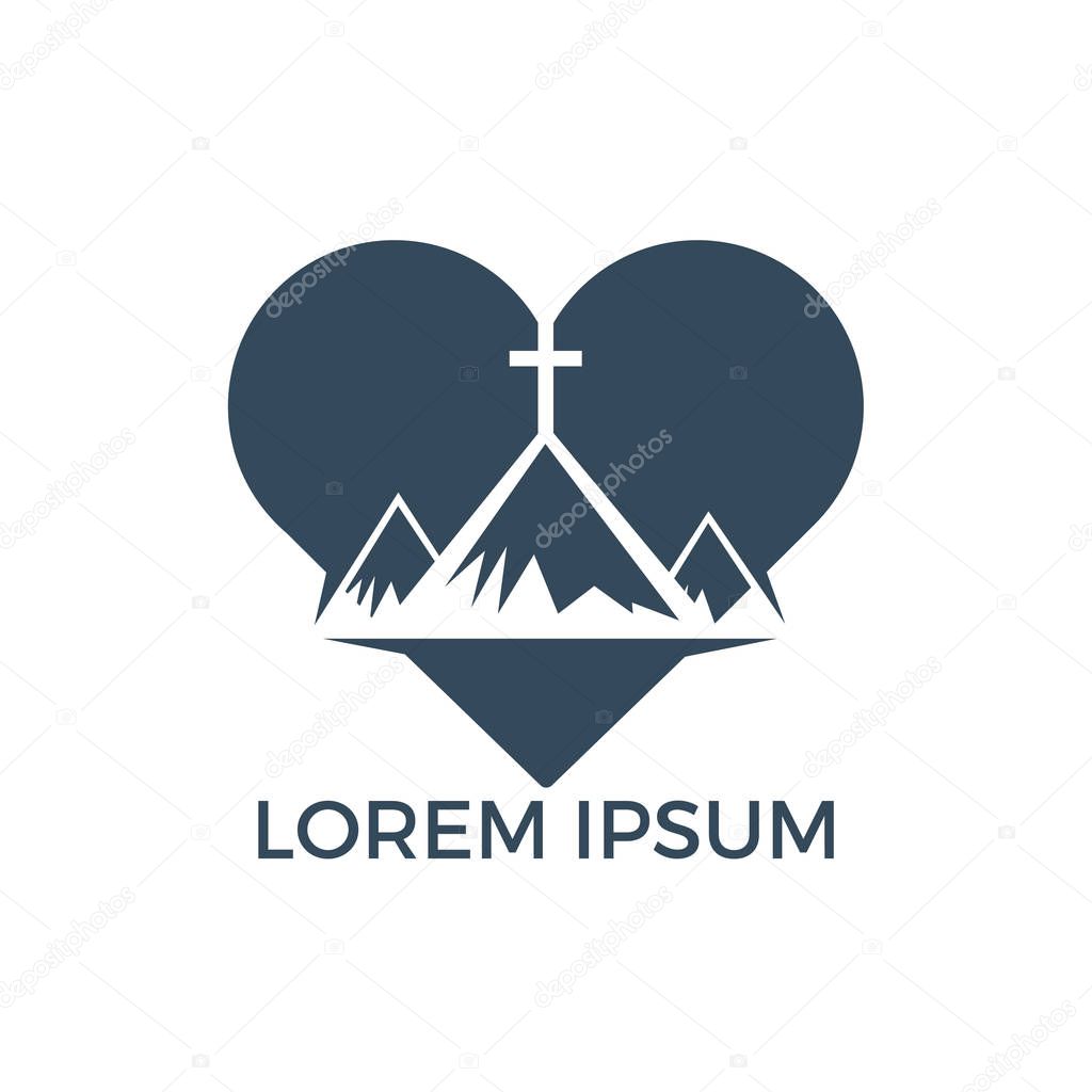 Baptist cross in mountain logo design. Cross on top of the mountain and heart shape logo. God Christian Love conceptual logo design