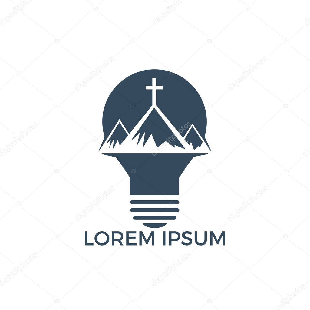 Baptist cross in mountain logo design. Cross on top of the mountain and light bulb shape logo.