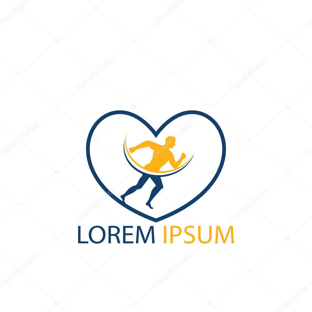 Fitness Runner Club logo design. Running man heart shape logo design. Healthy run logo concept.