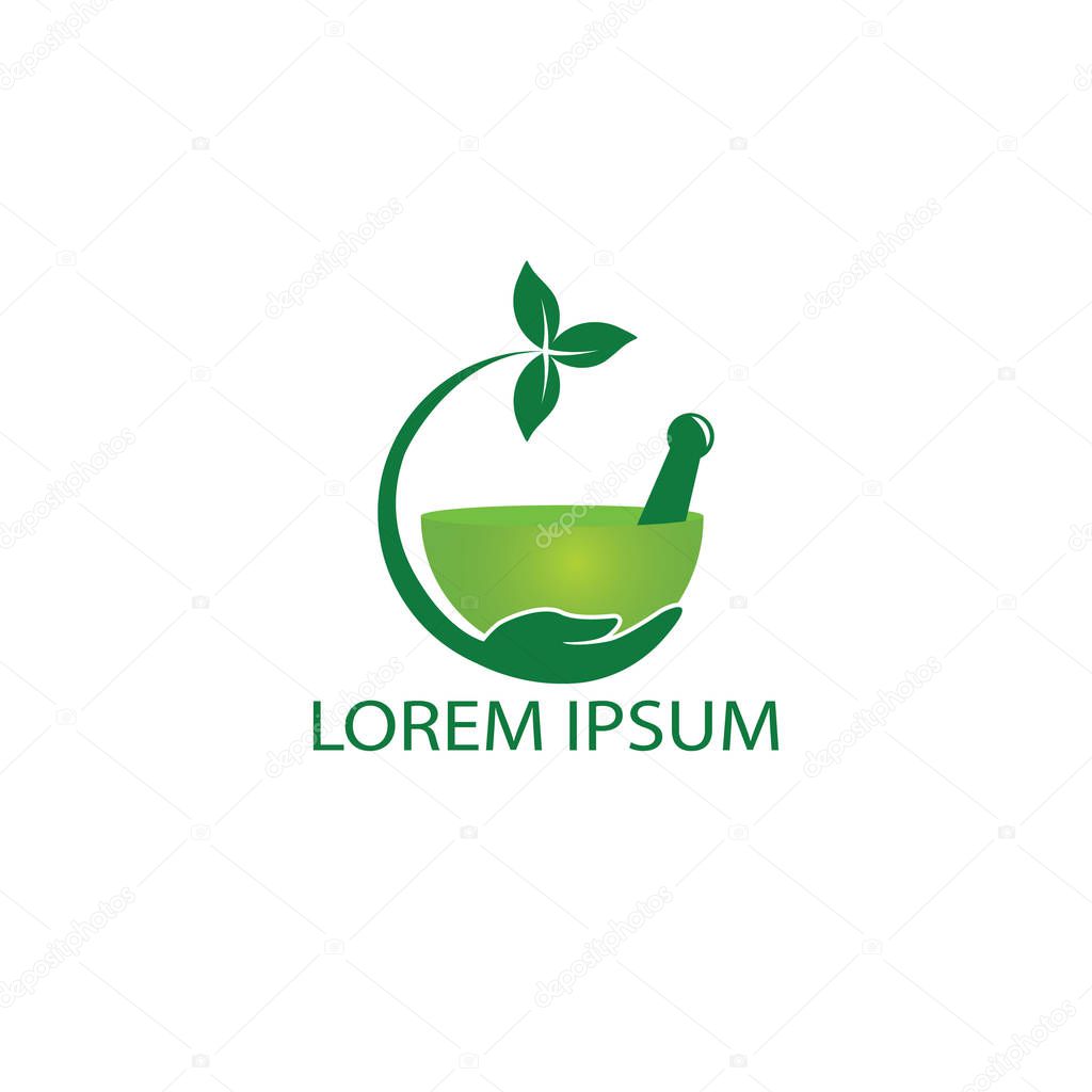 Pharmacy medical logo design. Natural mortar and pestle logotype, medicine herbal illustration symbol icon vector design.