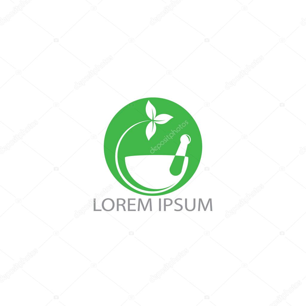 Pharmacy medical logo design. Natural mortar and pestle logotype, medicine herbal illustration symbol icon vector design.