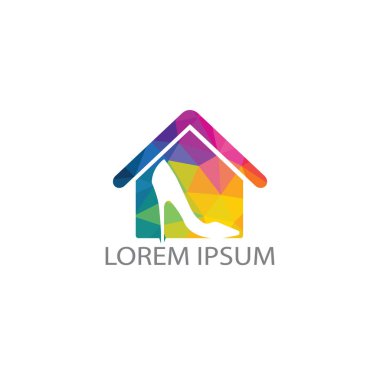 Ev şekli logo tasarımı ile yüksek topuklu. Ayakkabı mağazası için yaratıcı logo tasarım konsepti. Moda ve Kadınsı logo tasarım şablonu.