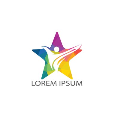 Soyut başarı logo vektör tasarımı. Mutlu insan ve yıldız logo tasarımı. Fitness ve sağlık logo konsept tasarımı.