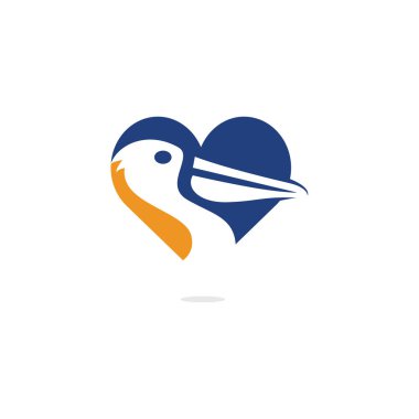  Pelikan aşk vektör logo tasarımı. Pelikan Hayvan ve kalp Simgesi Vektör illüstrasyon amblemi.