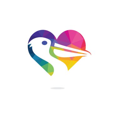  Pelikan aşk vektör logo tasarımı. Pelikan Hayvan ve kalp Simgesi Vektör illüstrasyon amblemi.