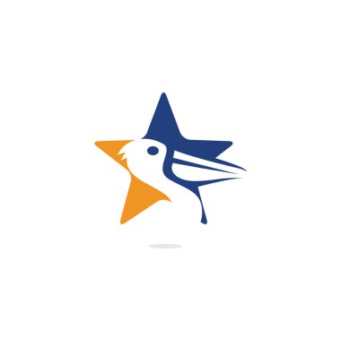 Pelikan ve yıldız vektör logo tasarımı. Pelikan Hayvan ve yıldız Simgesi vektör illüstrasyon amblemi.