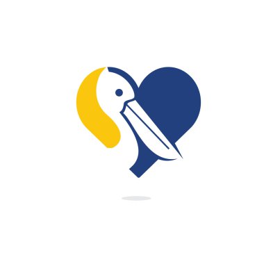  Pelikan aşk vektör logo tasarımı. Pelikan Hayvan ve kalp Simgesi Vektör illüstrasyon amblemi.