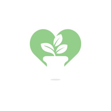 Çiçek pot ve bitki logosu. Büyüme vektör logosu. Kalp işareti şeklinde.