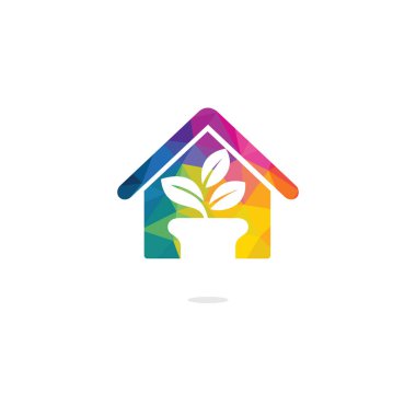 Çiçek pot ve bitki logosu. Büyüme vektör logosu. Eko ev şeklinde işaret.