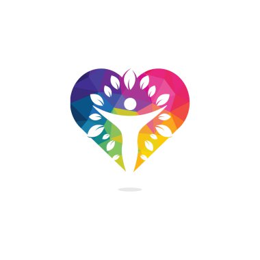 Yaprakları ve kalp logosu tasarımı ile insan karakteri. Sağlık ve güzellik salonu logosu. Doğa ve fitness logosu.