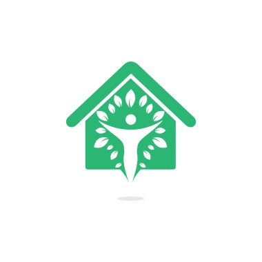 Yaprakları ve ev logosu tasarımı ile insan karakteri. Doğal ev bakım logosu. Spa logosu. Güzellik salonu veya yoga logosu.
