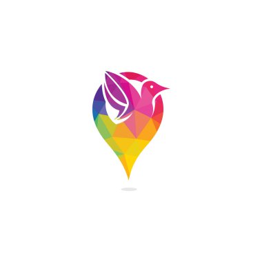 Kuş ve harita işaretçisi logo tasarımı. Modern konum simgesi logo vektör soyut kuş.