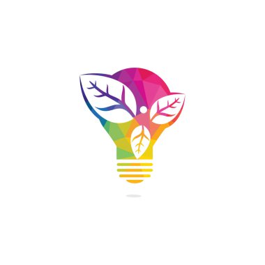 Sağlıklı adam ve Ampul şekil vektör logo tasarımı bırakır. Ekolojik ve biyolojik ürün kavramı işareti. Ekoloji sembolü. İnsan karakteri ve ampul simgesi. Spa, sağlıklı, doğa vb. için logo.
