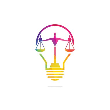 Ampul ve Adalet logosu tasarımı. Eğitim, hukuk hizmetleri logosu. Noter, adalet, avukat simgesi veya sembol Vektör