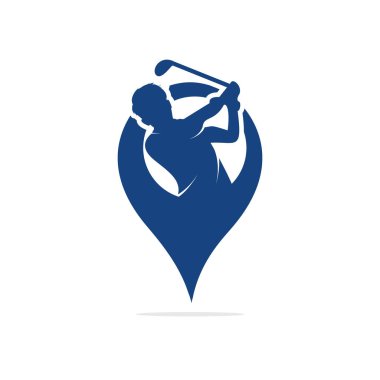 Vektör golf kulübü ve harita işaretçisi logo kombinasyonu. Golf oyuncusu top ilham Logo tasarım vurur.