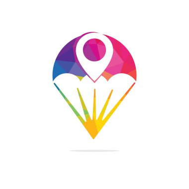 Gps işaretçisi tasarımı ile Paraşüt vektör logosu. Paraşüt ve gps simgesi logotürü. Spor yıldızı logo tasarım şablonu.