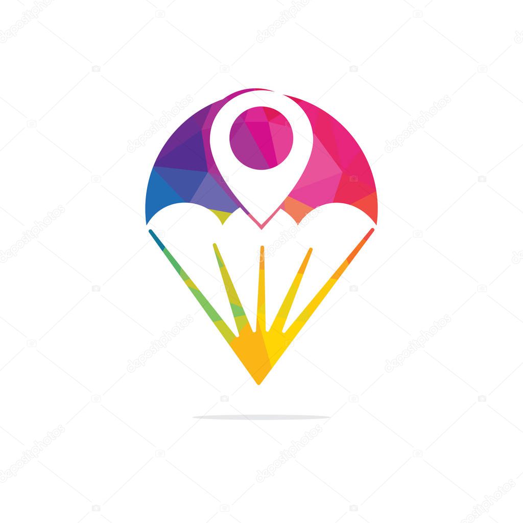 Parachute vector logo with gps pointer design. Parachute and gps icon logotype. Sport star logo design template.