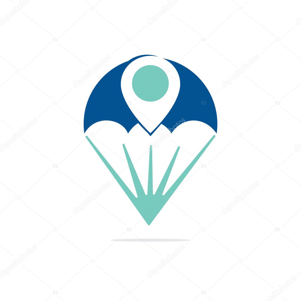 Parachute vector logo with gps pointer design. Parachute and gps icon logotype. Sport star logo design template.
