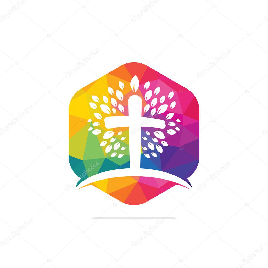 Tree religious cross symbol icon vector design. Prayer tree vector logo design template.