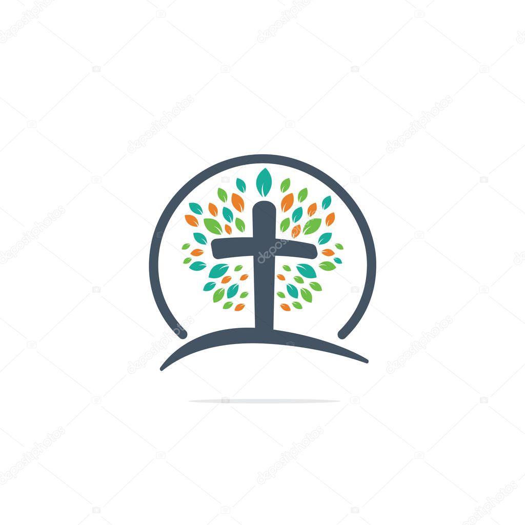 Tree religious cross symbol icon vector design. Prayer tree vector logo design template.