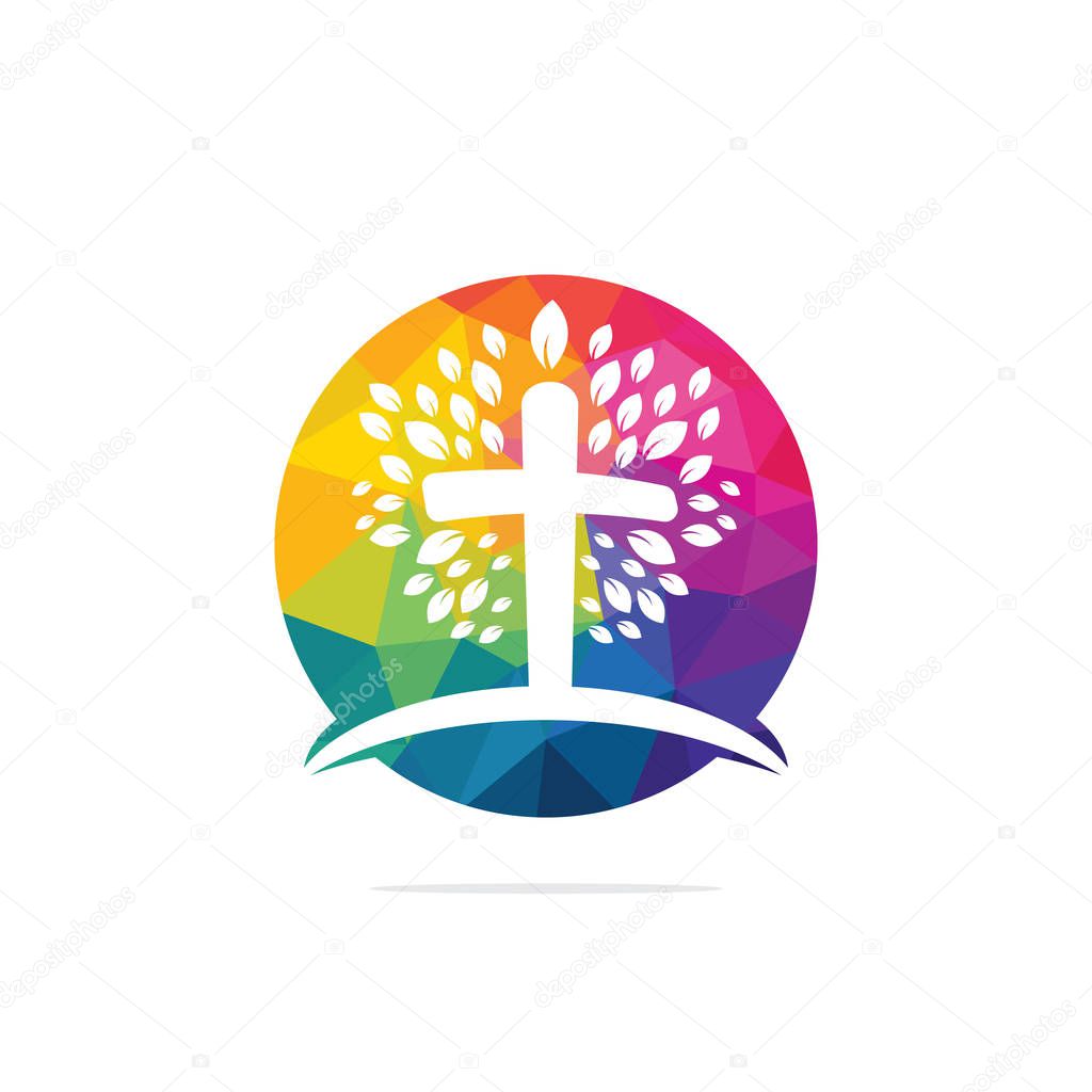 Tree religious cross symbol icon vector design. Prayer tree vector logo design template.