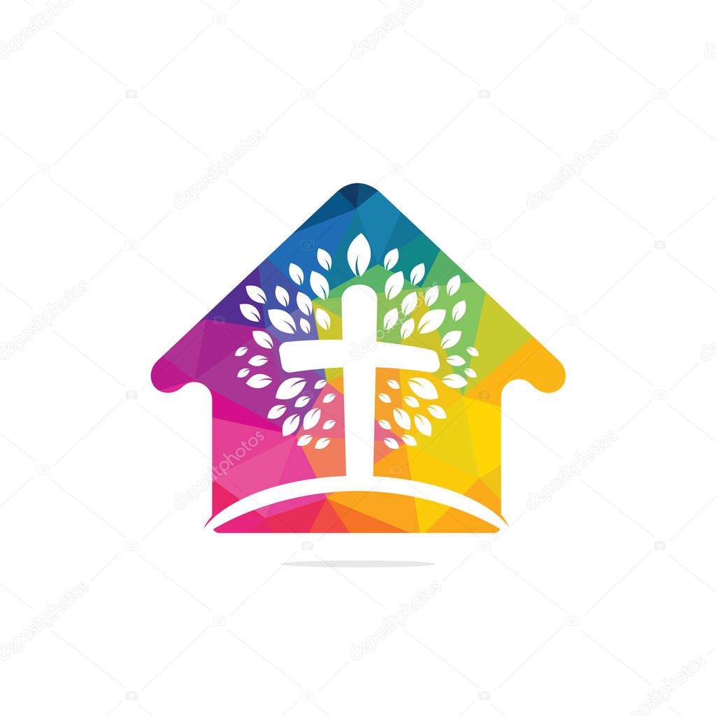 Abstract home and tree religious cross symbol icon vector design. Prayer tree and home vector logo design template.
