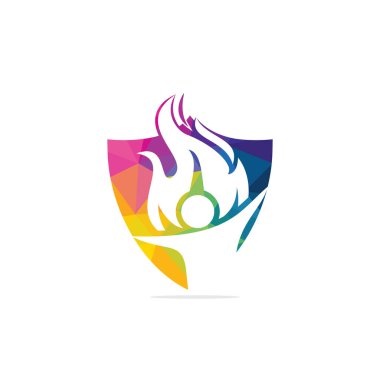İtfaiyeci vektör logosu dizaynı. Kırmızı alev karakteri logosu. Bir adam ve ateşin vektör logosu birleşimi. 