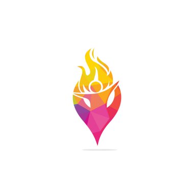 İtfaiyeci ve GPS ikon vektör logosu tasarımı. Kırmızı Alev karakteri logosu. Bir adam ve ateşin vektör logosu birleşimi. 