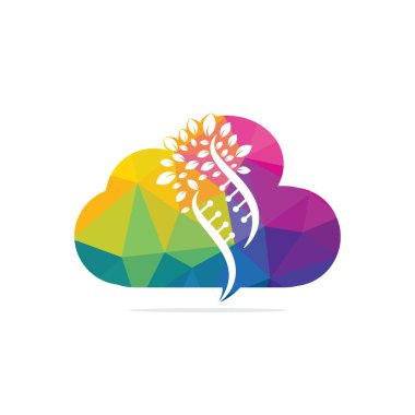 DNA ağacı ve bulut şekli vektör logosu tasarımı. DNA genetik ve bulut simgesi. Yeşil yapraklı DNA vektör logosu tasarımı.
