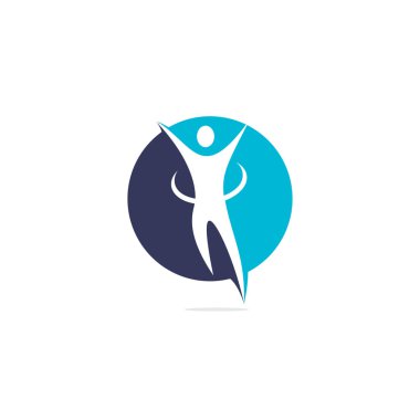 Kazanan insan ya da Mutlu İnsan vektör logosu tasarımı. Şampiyon, hedef kutlaması soyut iş logosu fikri. Eller yukarı, mutlu insan, kazan ikonu.