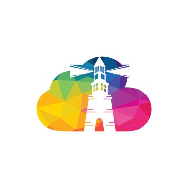 Deniz feneri ve bulut vektör logo tasarımı. Deniz feneri simgesi logo tasarım vektör şablonu illüstrasyon.