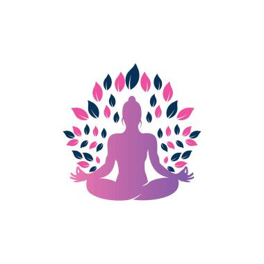 Yoga pozundaki yeşil yapraklı genç kadın, vektör logosu şablonu.