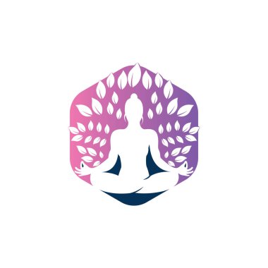 Yoga pozundaki yeşil yapraklı genç kadın, vektör logosu şablonu.