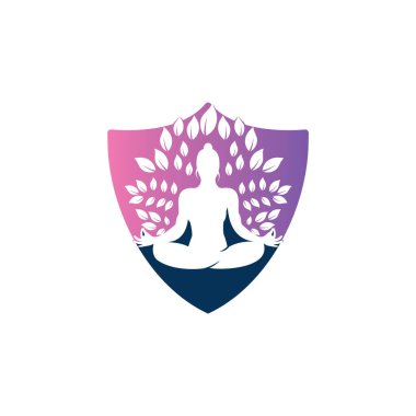 Yoga pozundaki yeşil yapraklı genç kadın, vektör logosu şablonu.