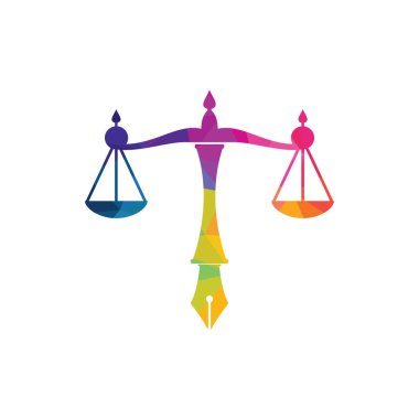 Yargı dengesine sahip hukuk logosu vektörü kalem ucunda adalet ölçeğini sembolize ediyor. Hukuk, mahkeme, adalet hizmetleri ve firmalar için logo vektörü.