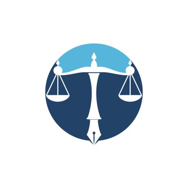Yargı dengesine sahip hukuk logosu vektörü kalem ucunda adalet ölçeğini sembolize ediyor. Hukuk, mahkeme, adalet hizmetleri ve firmalar için logo vektörü.