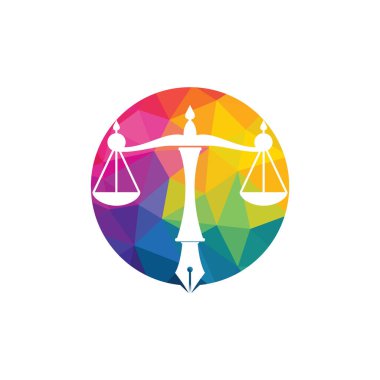 Yargı dengesine sahip hukuk logosu vektörü kalem ucunda adalet ölçeğini sembolize ediyor. Hukuk, mahkeme, adalet hizmetleri ve firmalar için logo vektörü.