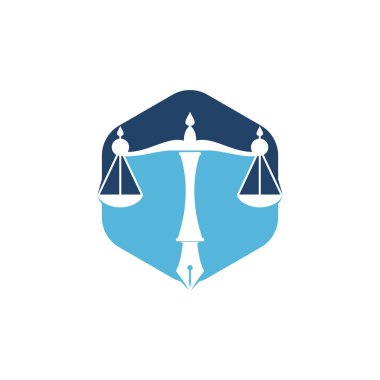 Yargı dengesine sahip hukuk logosu vektörü kalem ucunda adalet ölçeğini sembolize ediyor. Hukuk, mahkeme, adalet hizmetleri ve firmalar için logo vektörü.