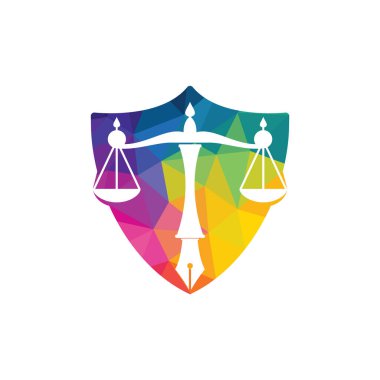 Yargı dengesine sahip hukuk logosu vektörü kalem ucunda adalet ölçeğini sembolize ediyor. Hukuk, mahkeme, adalet hizmetleri ve firmalar için logo vektörü.