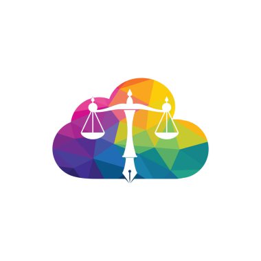 Yargı dengesine sahip hukuk logosu vektörü kalem ucunda adalet ölçeğini sembolize ediyor. Hukuk, mahkeme, adalet hizmetleri ve firmalar için logo vektörü.