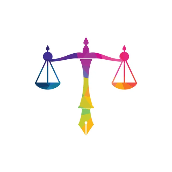 Логотип Закона Вектор Судебным Балансом Символизирует Масштаб Правосудия Перьевом Пере — стоковый вектор