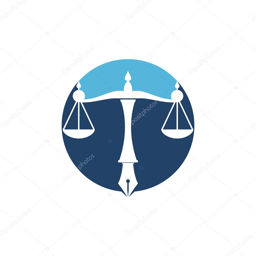 Law logo vector with judicial balance symbolic of justice scale in a pen nib. Logo vector for law, court, justice services and firms.