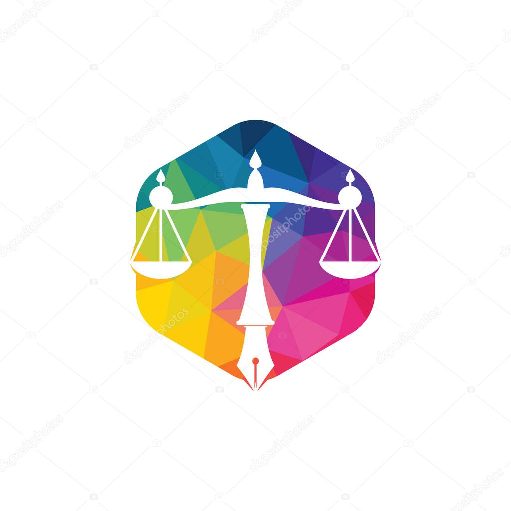 Law logo vector with judicial balance symbolic of justice scale in a pen nib. Logo vector for law, court, justice services and firms.